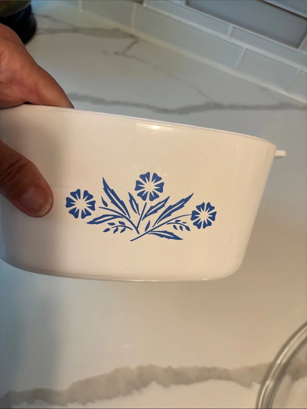 Vintage, 3 Liter Corningware White Casserole Dish with Blue Floral Pattern.